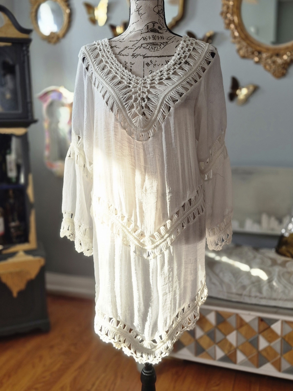 White Crochet-Trim Midi Dress with V-Neck